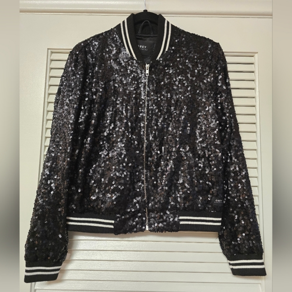 Obey Worldwide - Black & Silver Zipper Jacket With Sequins